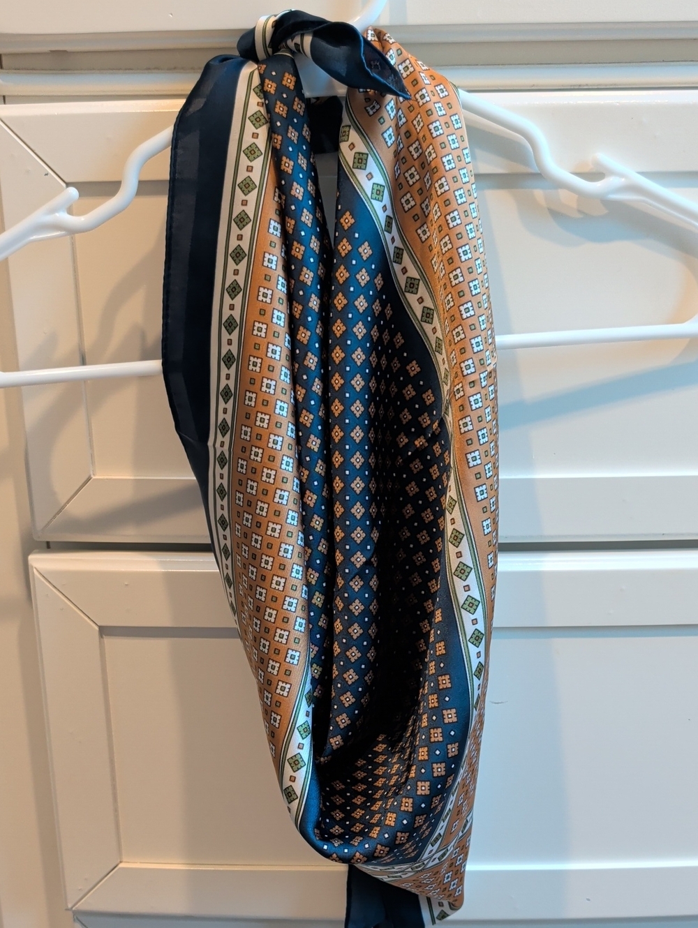 Silk-like Geometric Print Scarf in Navy and Camel From Turkey